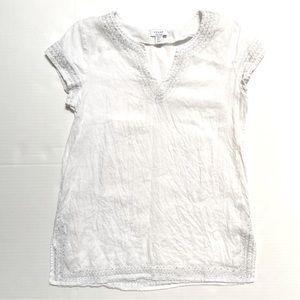 Kenar 100% Linen Short Sleeve White Blouse Silver Border Sz S